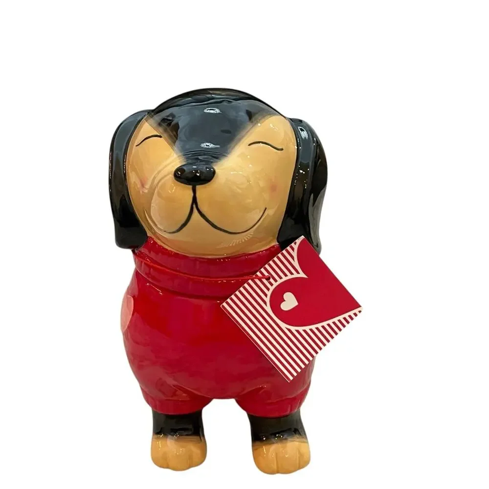 NEW Valentine's Dog Dachshund Cookie Jar Red Sweater Pink Hearts Hand Painted